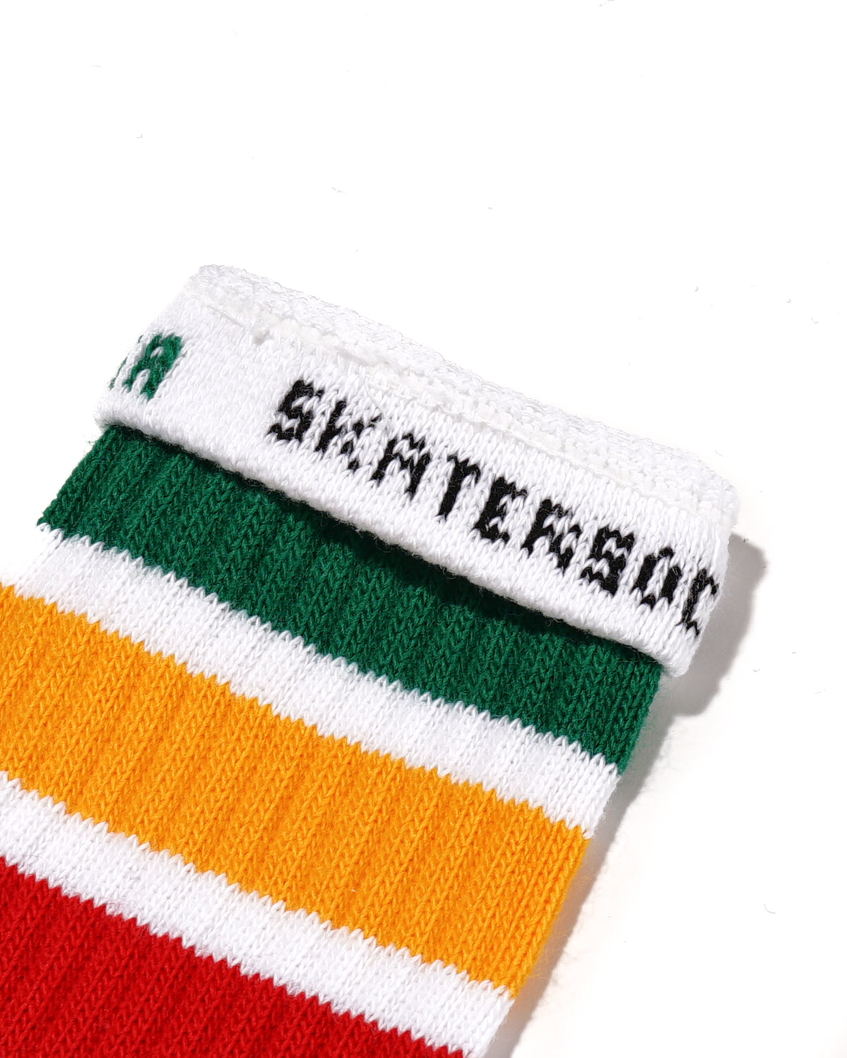 14 Inch Kids Socks - White w/Green/Gold/Red Stripe