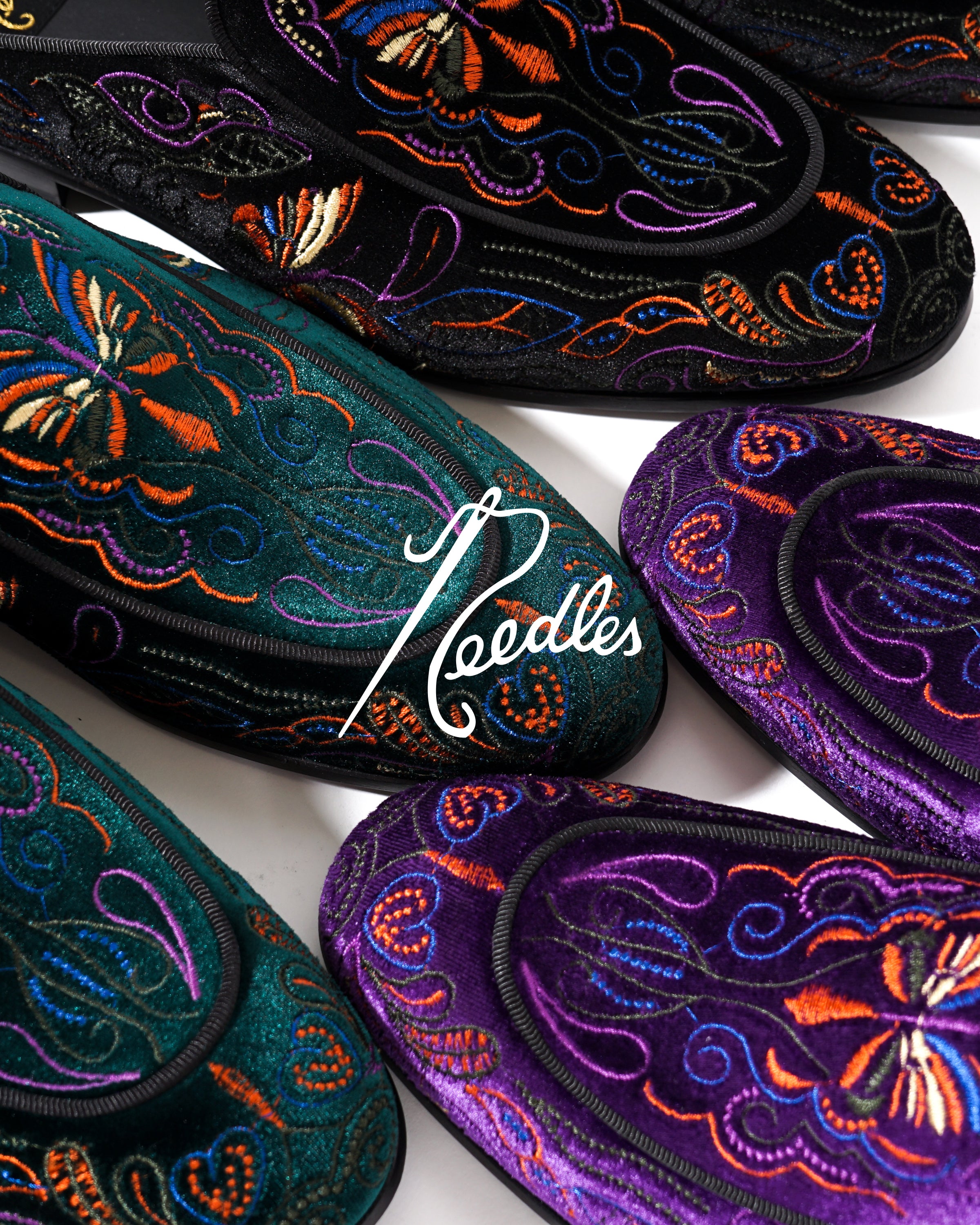 NOW ONLINE] NEEDLES VELVET MULE - PAPILLON EMBROIDERY | Nepenthes 