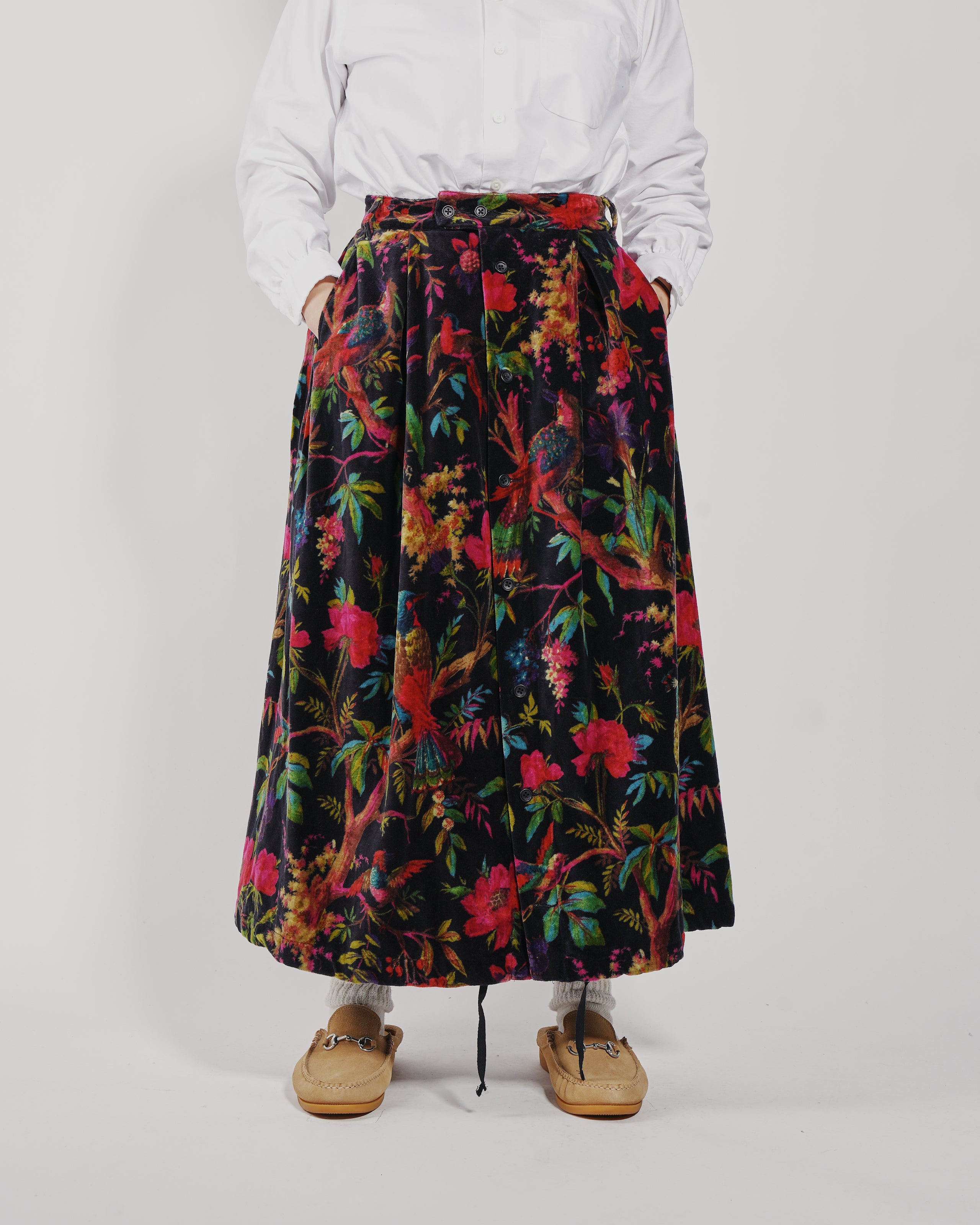 Tuck Skirt - Black Cotton Bird Print Velveteen