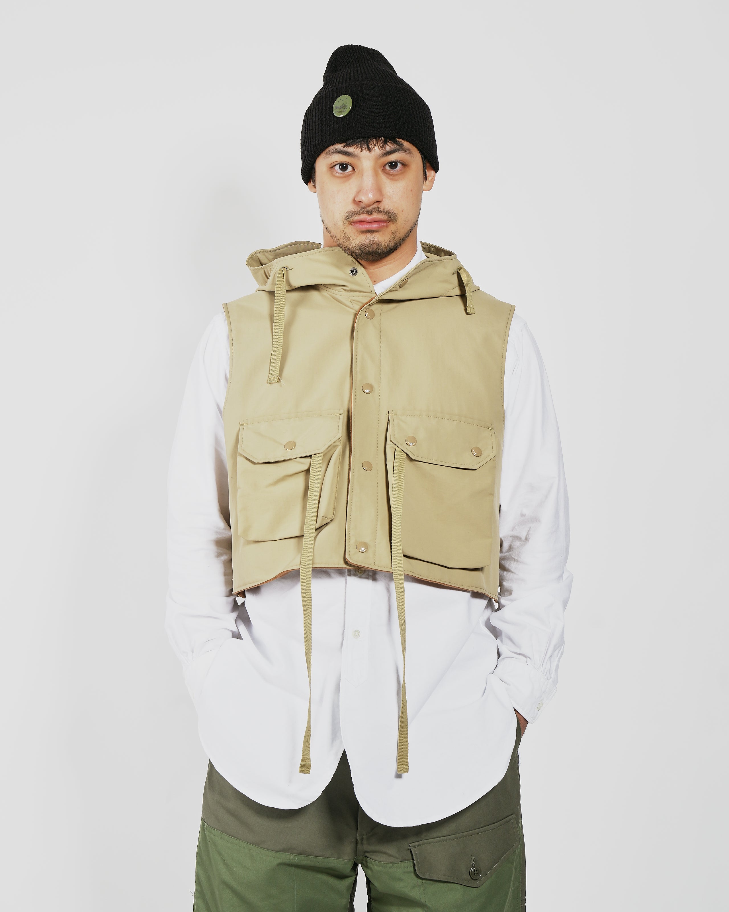 Hooded Short Vest - Khaki Nylon Poplin