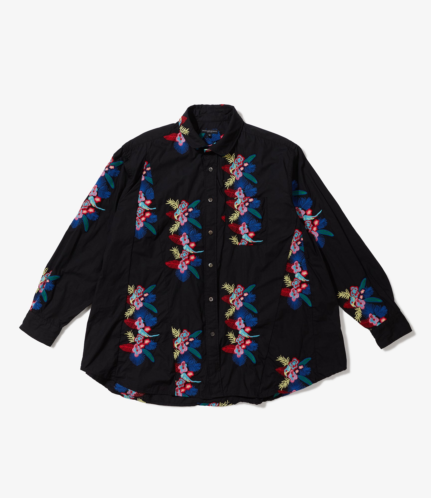 Flared Shirt - Black Cotton Floral Embroidery Sheeting