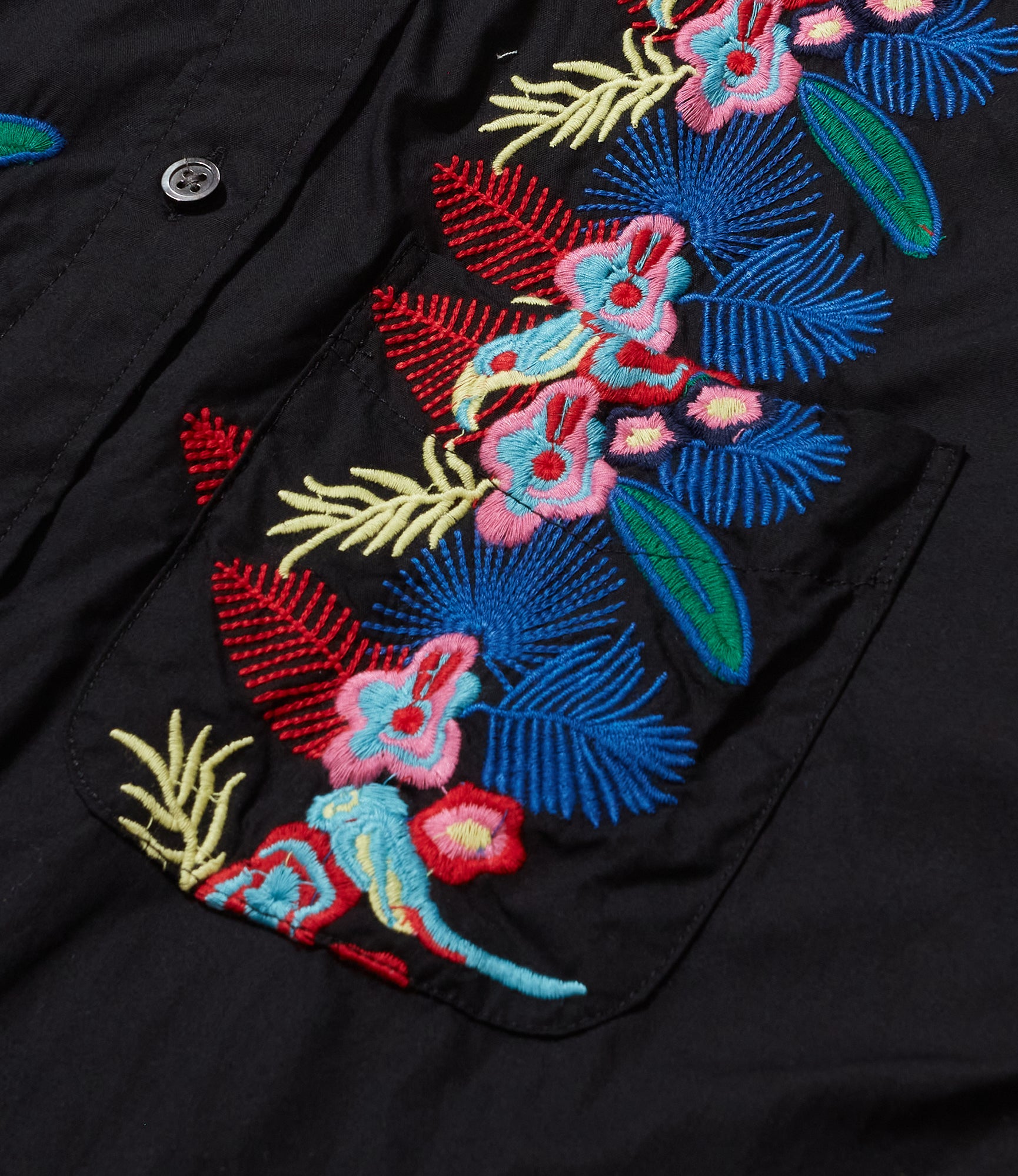 Flared Shirt - Black Cotton Floral Embroidery Sheeting