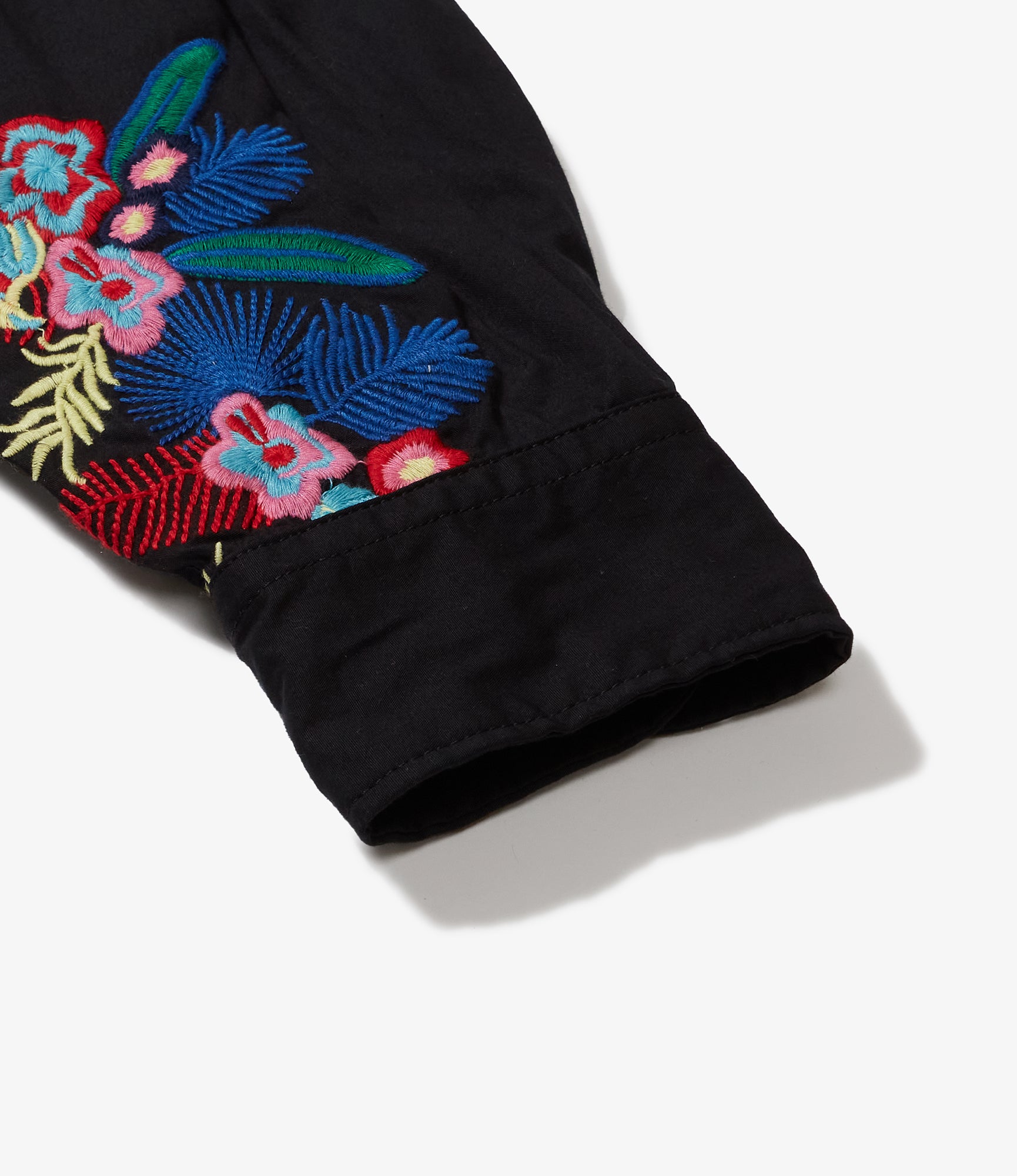 Flared Shirt - Black Cotton Floral Embroidery Sheeting