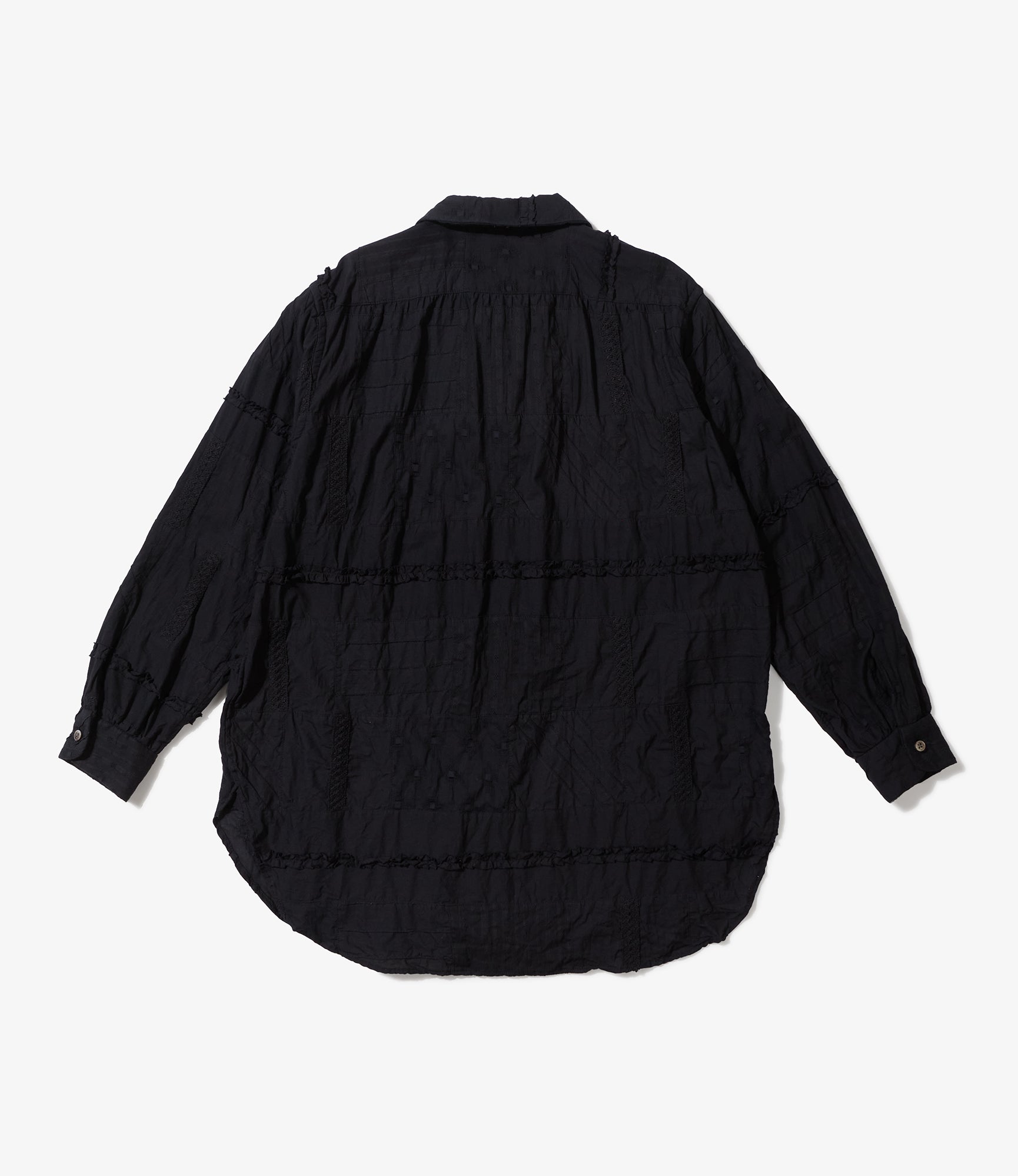 Rounded Collar Shirt - Black Cotton Fringe Patchwork