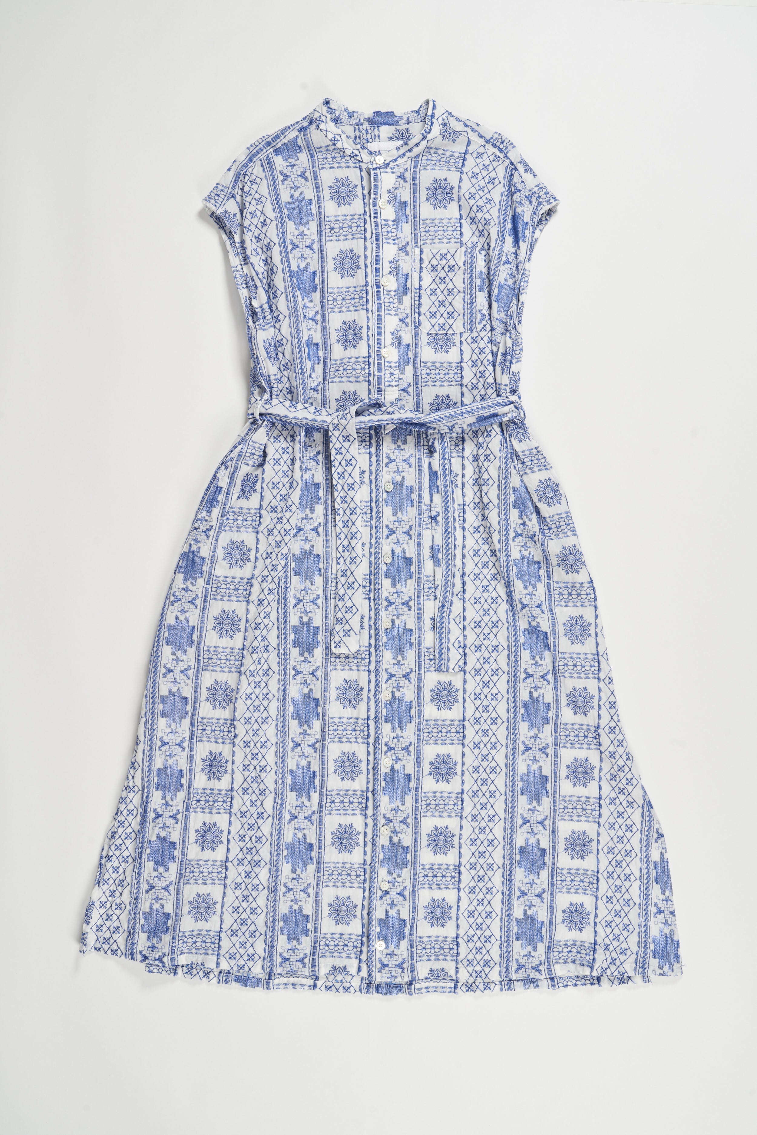 Banded Collar Dress - Blue / White CP Embroidery