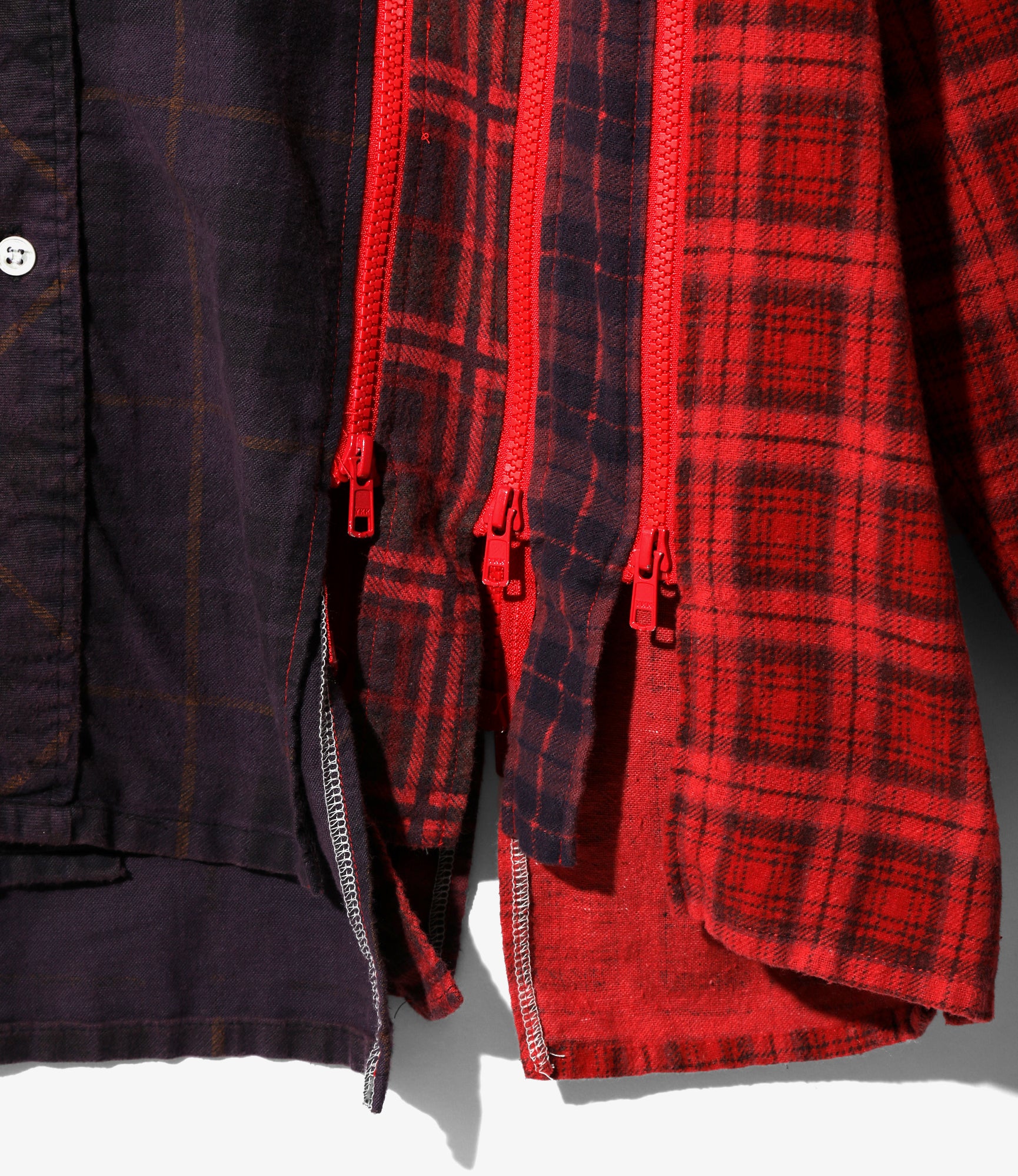 Flannel Shirt -> 7 Cuts Zipped Wide Shirt - Red / Over Dye