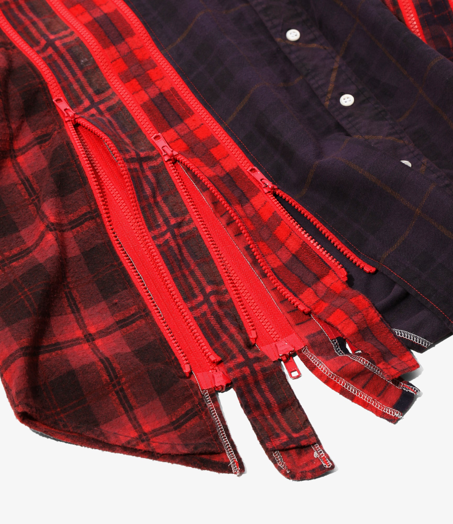 Flannel Shirt -> 7 Cuts Zipped Wide Shirt - Red / Over Dye