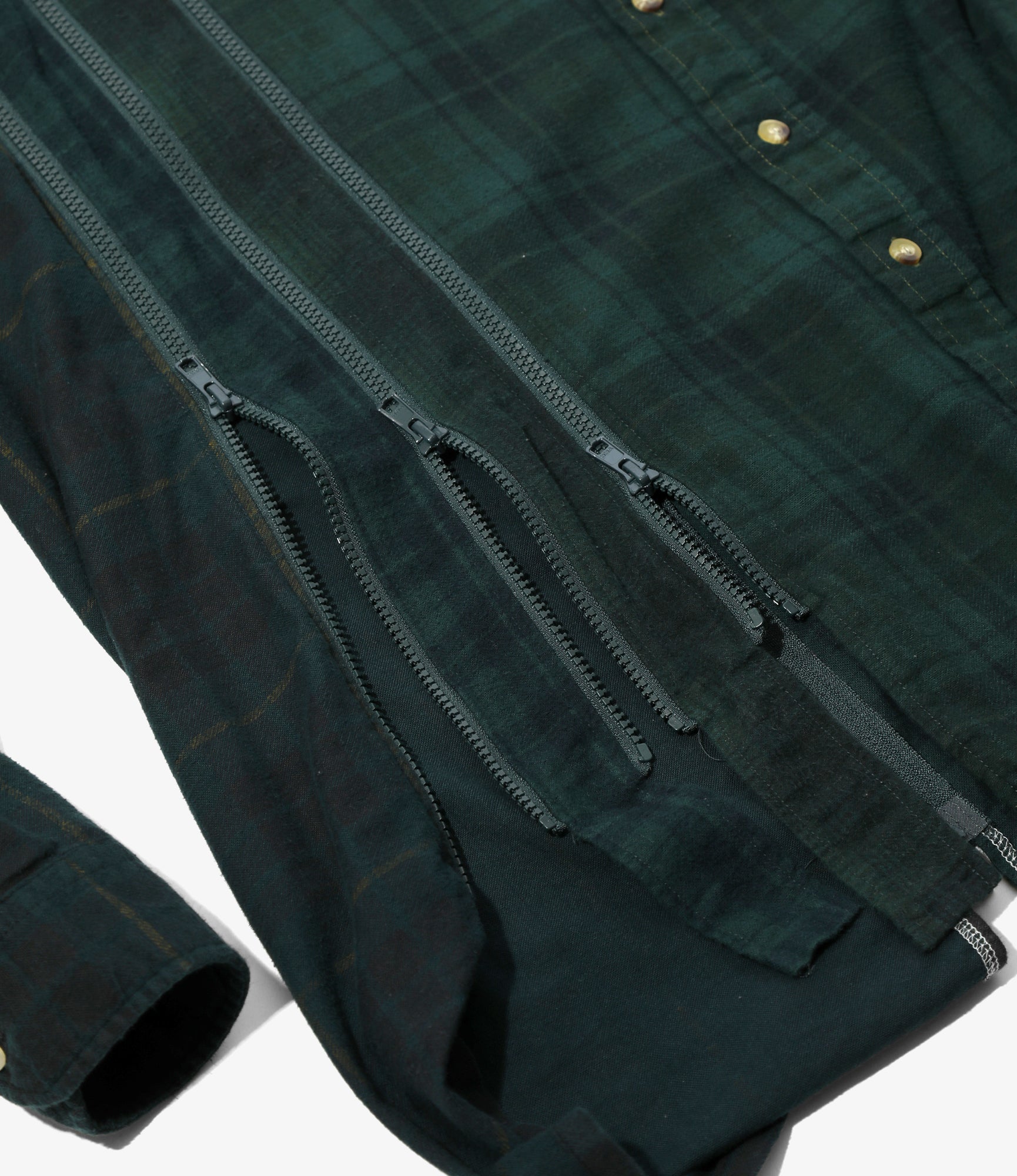 Flannel Shirt -> 7 Cuts Zipped Wide Shirt - Green / Over Dye