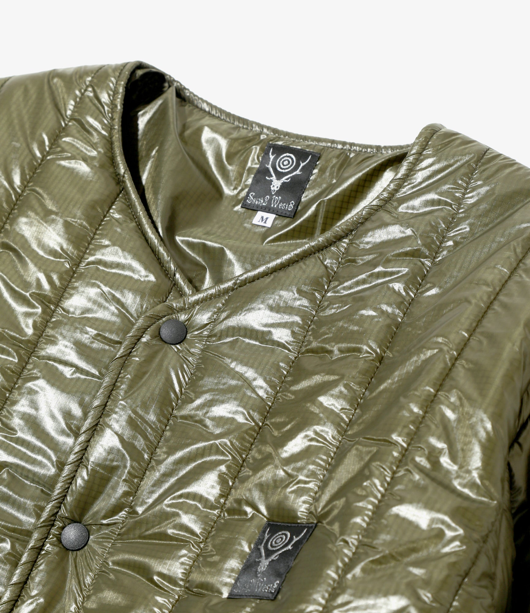 Quilted Crew Neck Cardigan - Olive - Nylon Ripstop