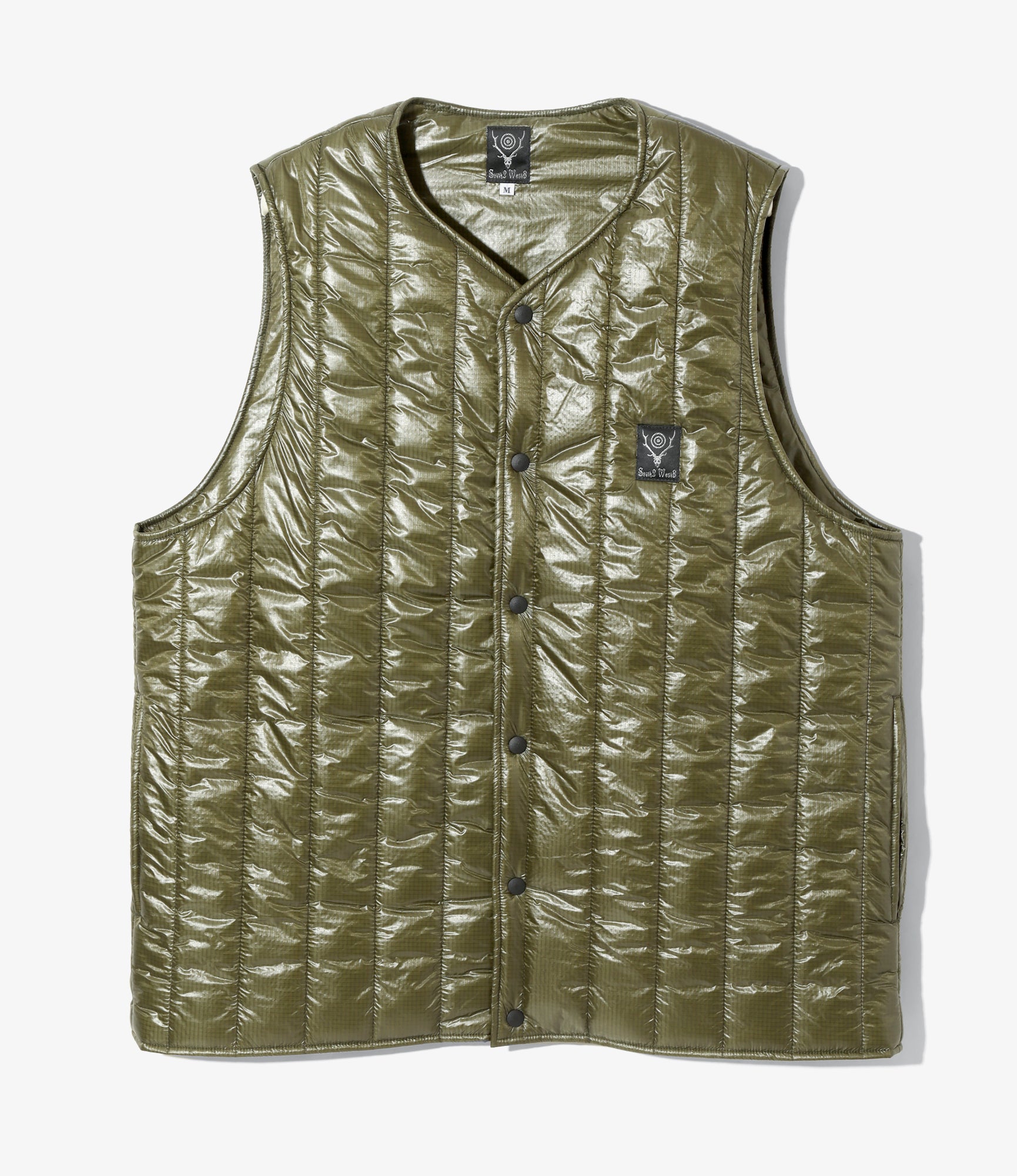 Quilted Crew Neck Vest - Olive - Nylon Ripstop | Nepenthes New York