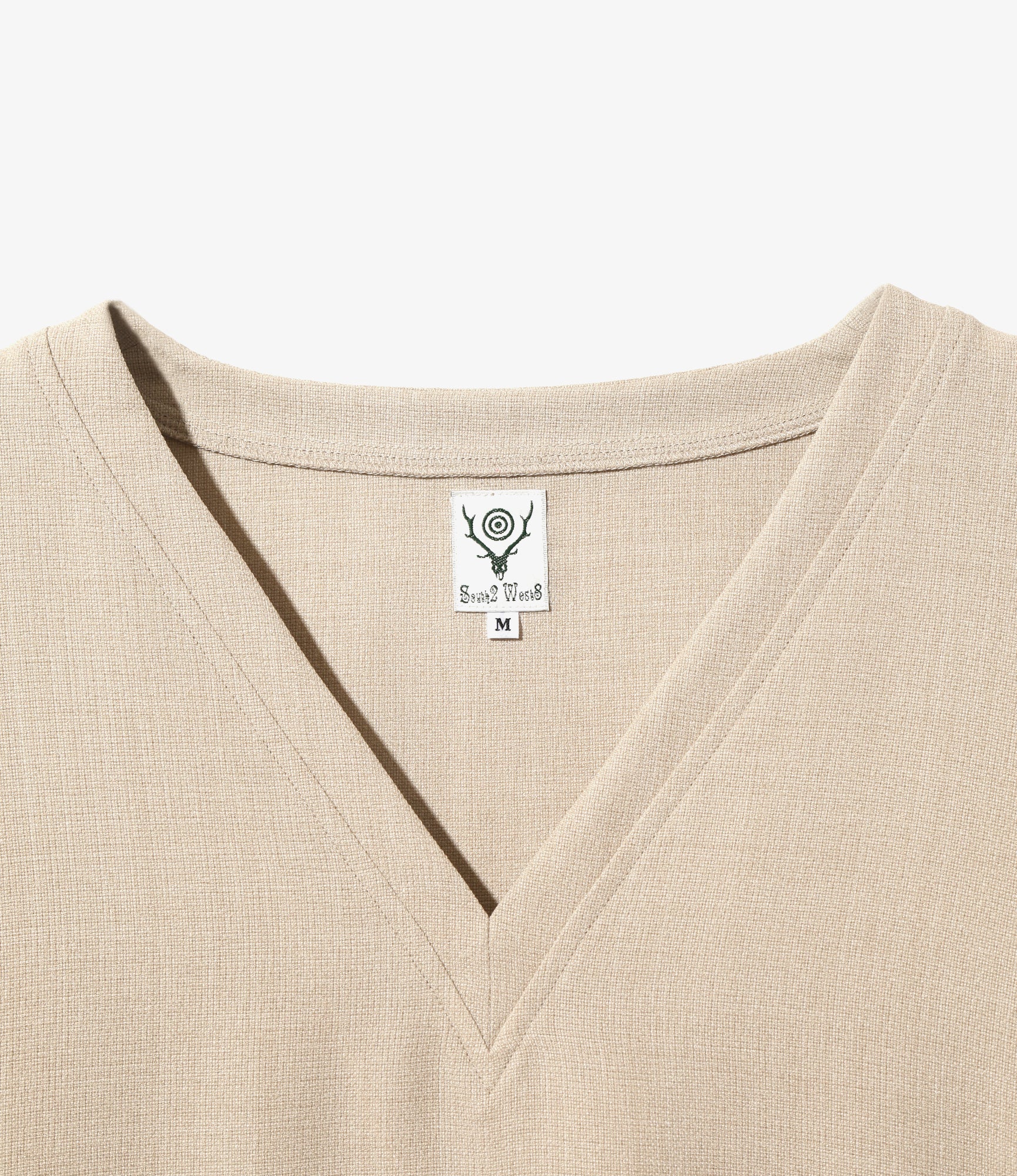 S.S. V Neck Shirt - Beige - Poly Oxford