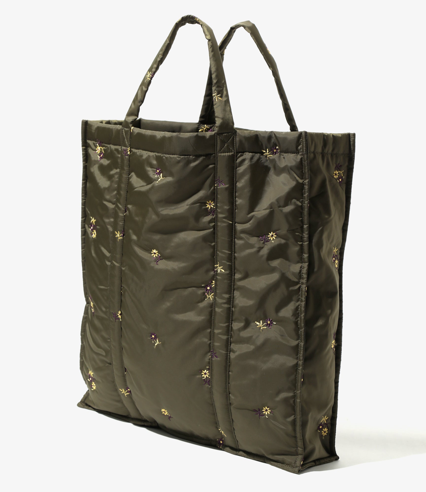 Padded Market Tote - Olive - Original Floral Pattern Embroidery