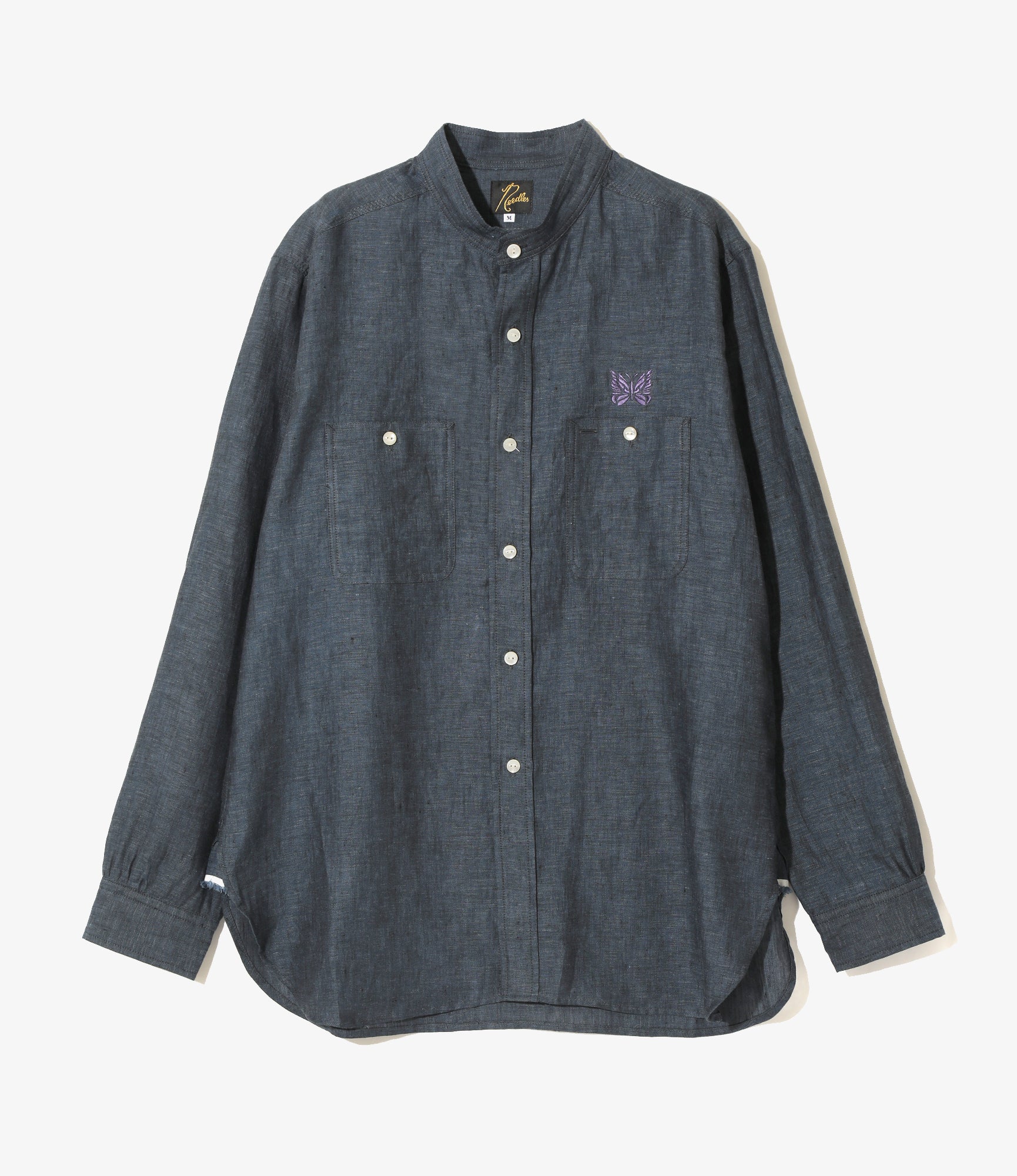Banded Collar Work Shirt - Blue - Linen Chambray