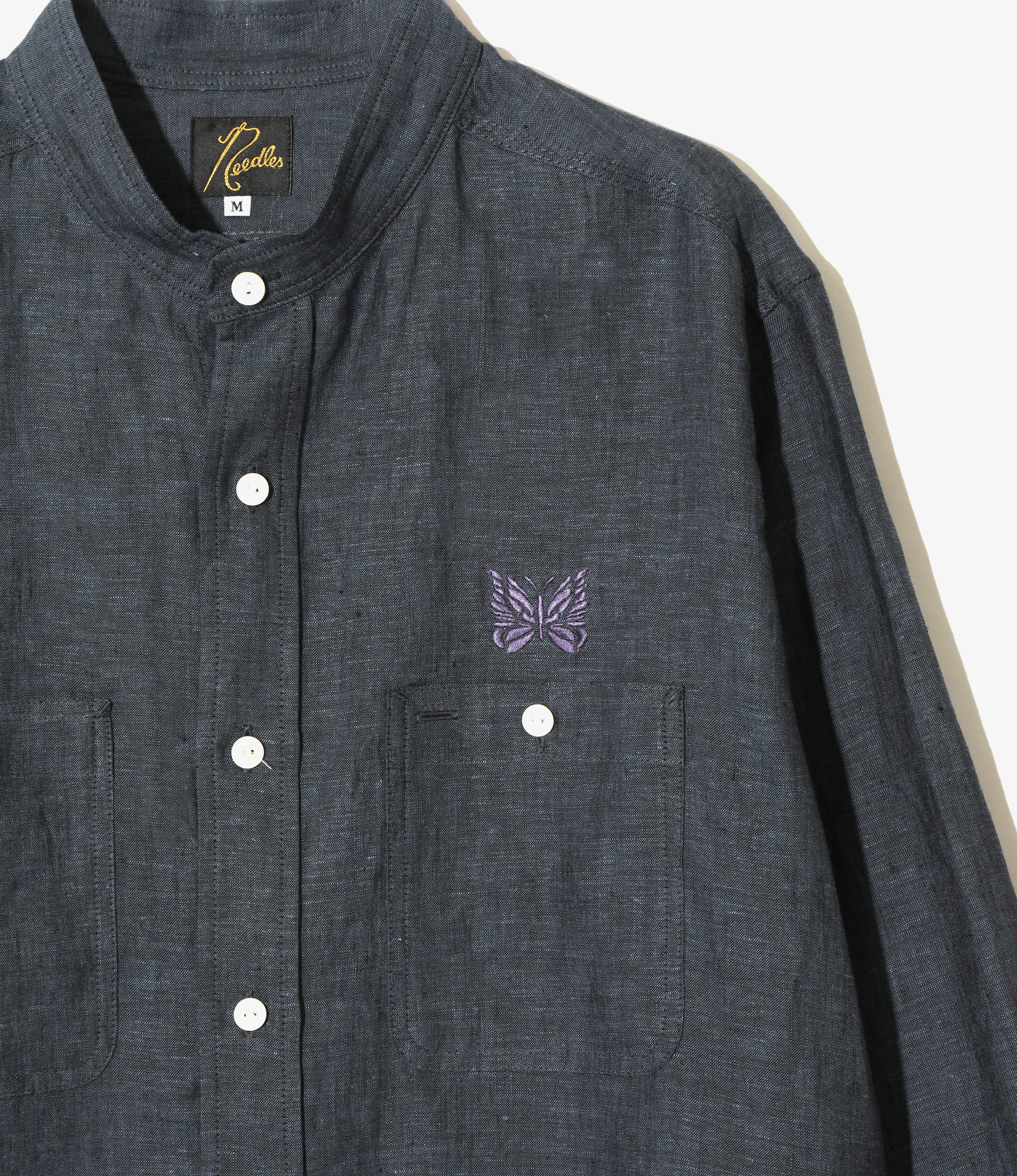 Banded Collar Work Shirt - Blue - Linen Chambray