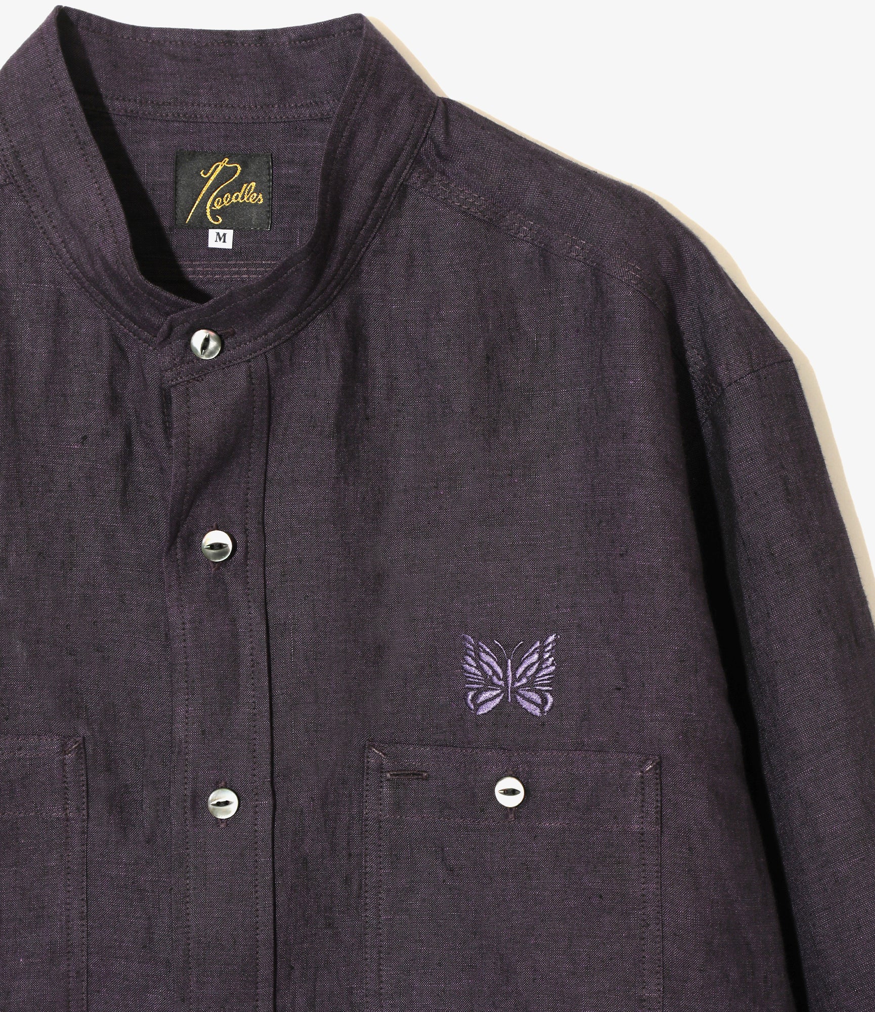 Banded Collar Work Shirt - Purple - Linen Chambray