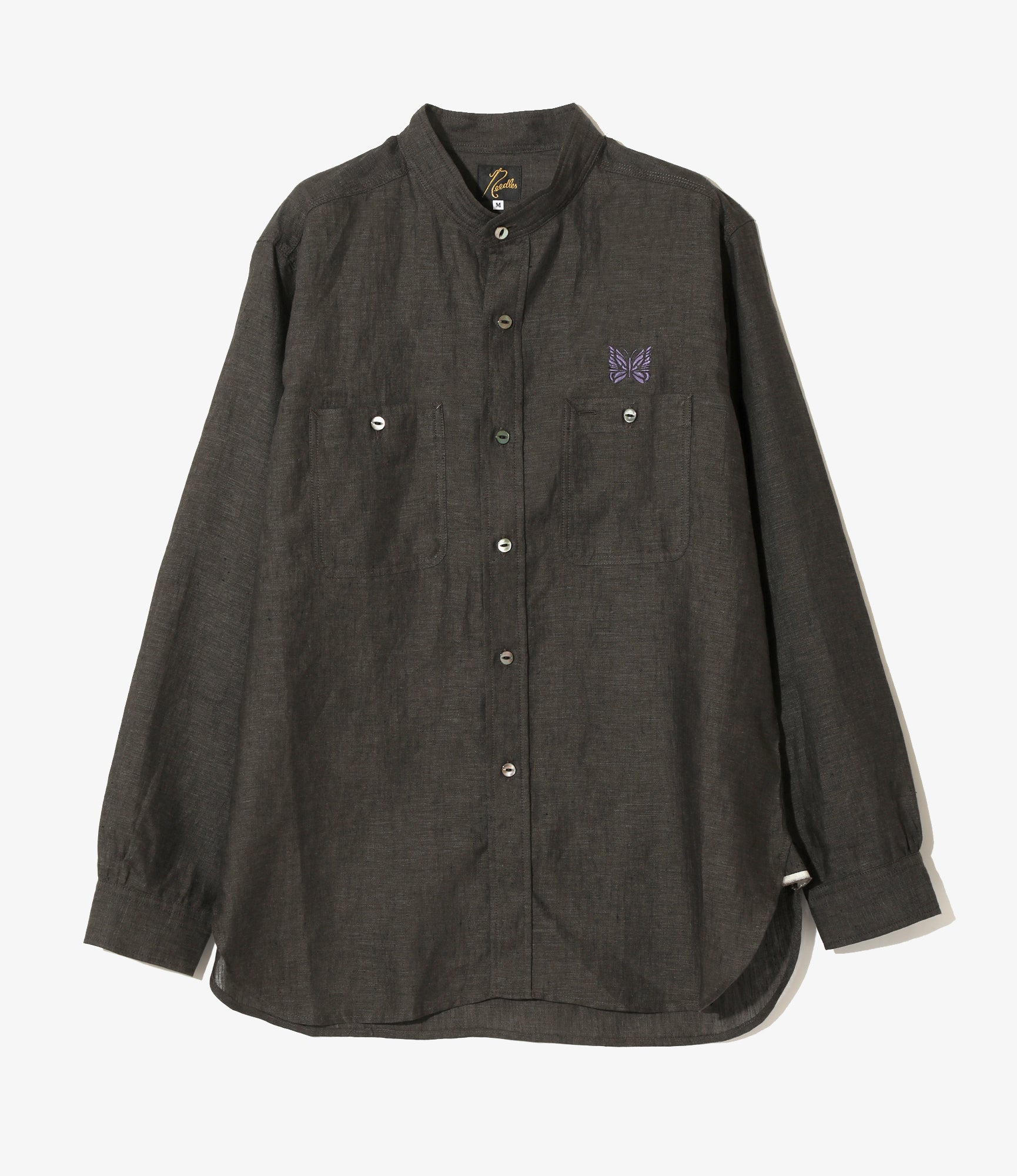 Banded Collar Work Shirt - Charcoal - Linen Chambray