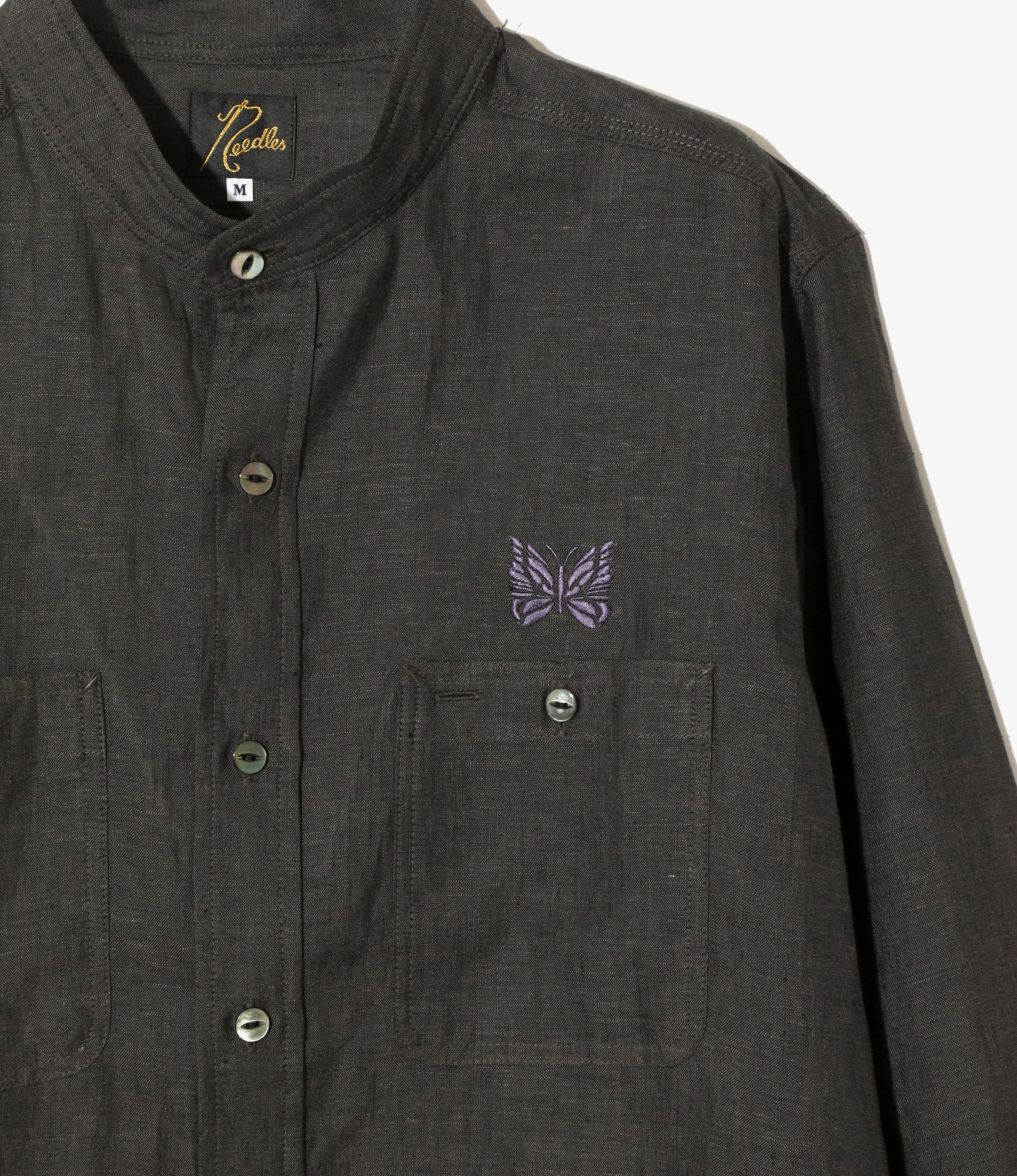 Banded Collar Work Shirt - Charcoal - Linen Chambray