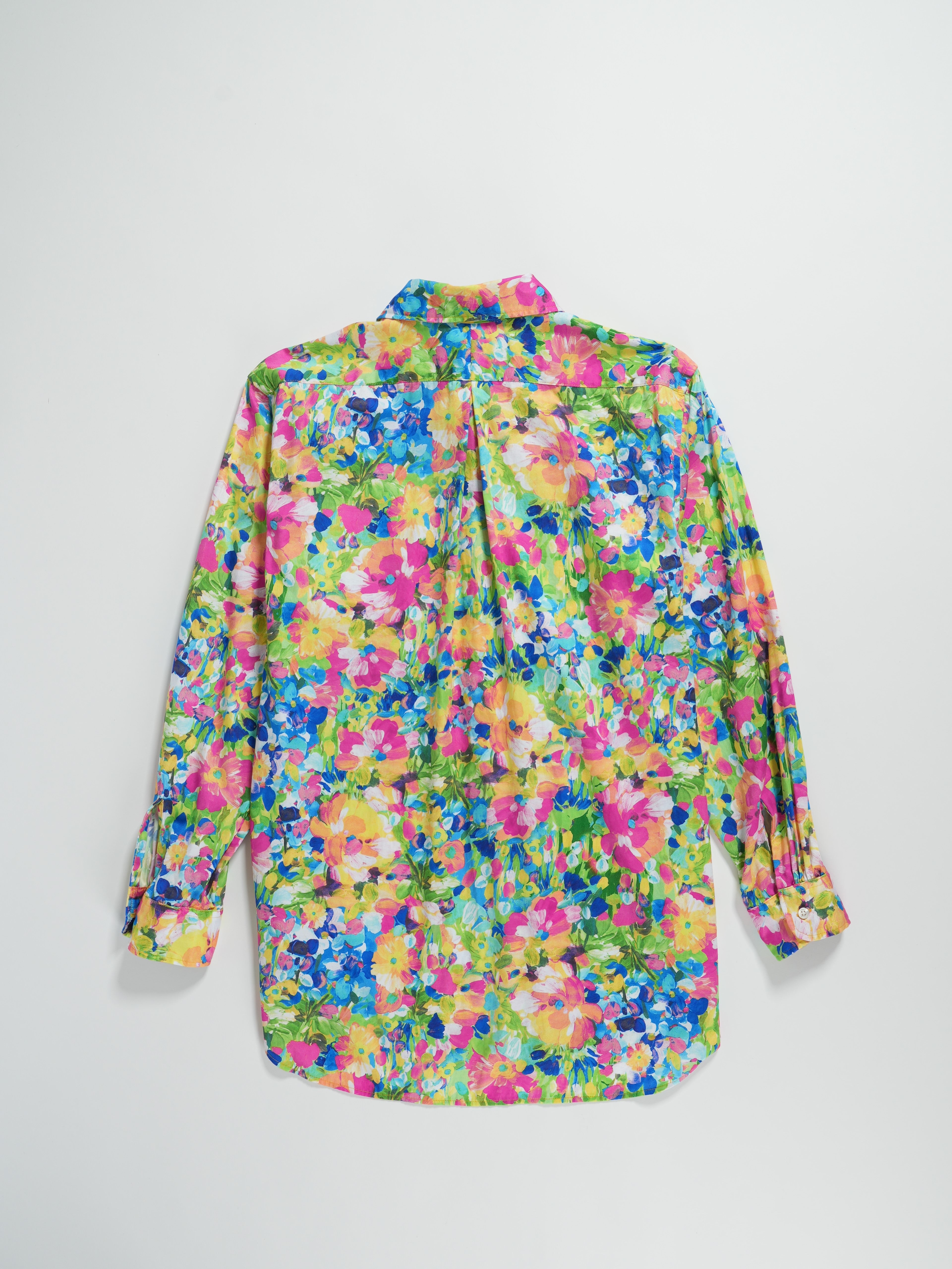 Rounded Collar Shirt - Yellow Cotton Floral Satin