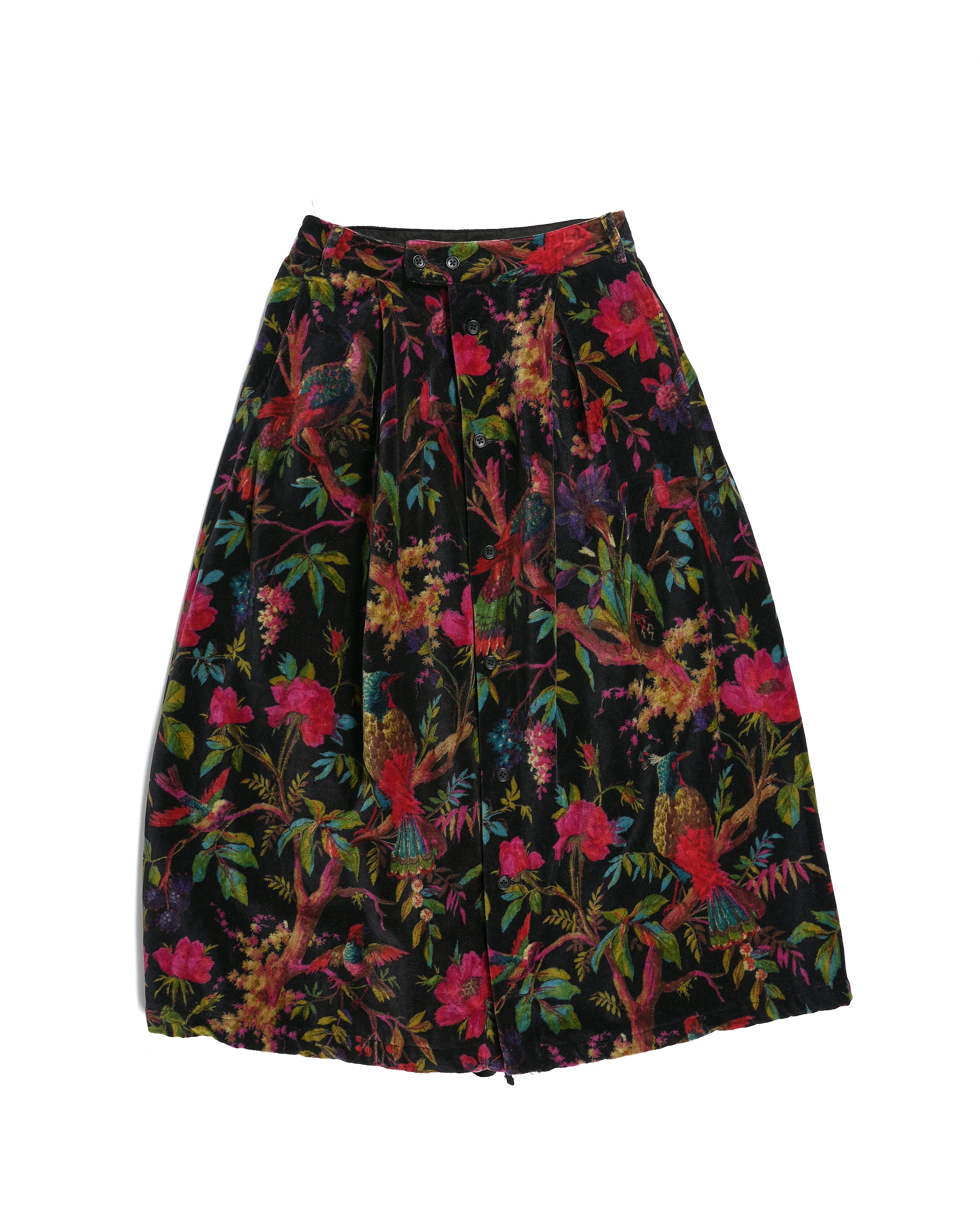 Tuck Skirt - Black Cotton Bird Print Velveteen