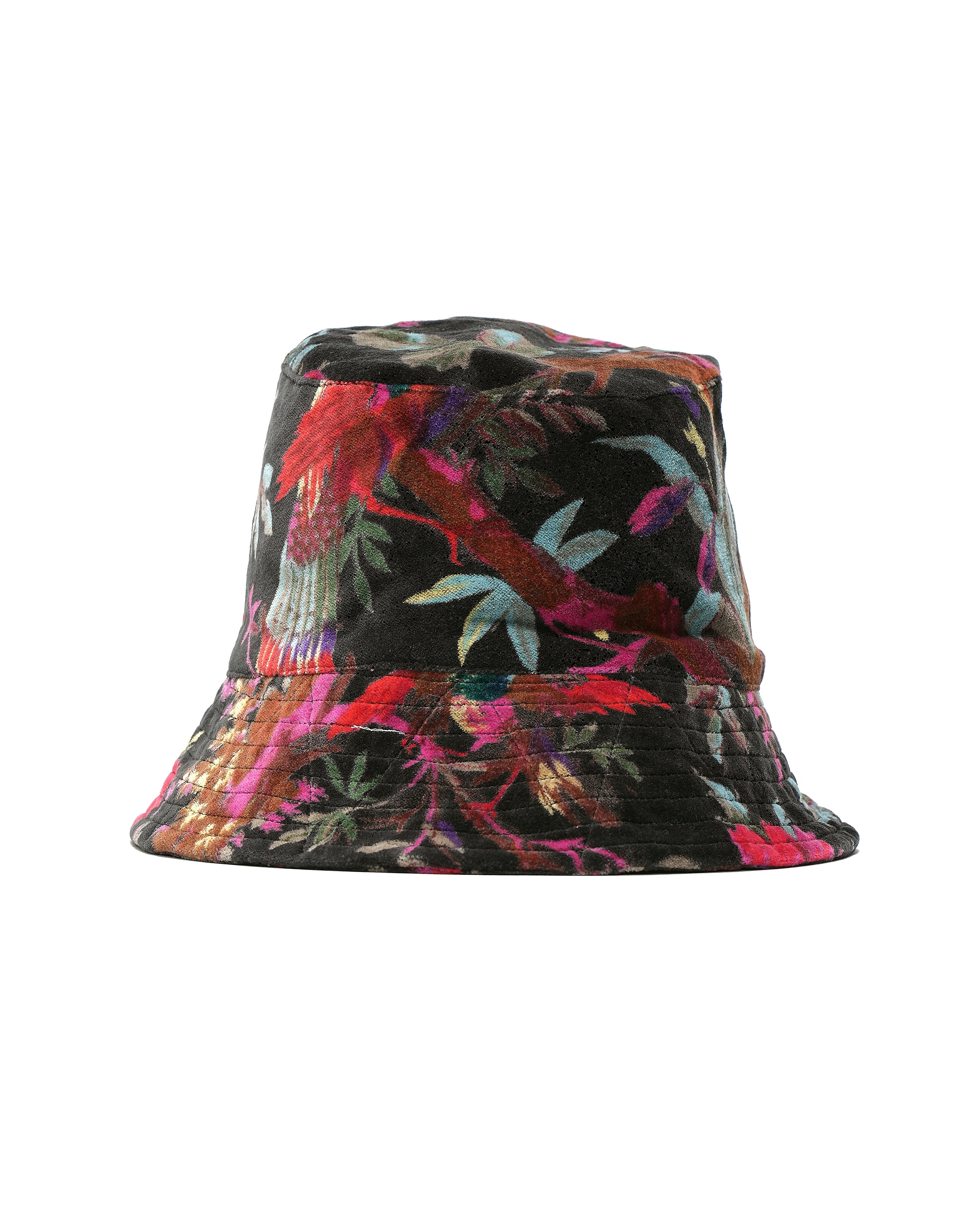 Bucket Hat - Black Cotton Bird Print Velveteen