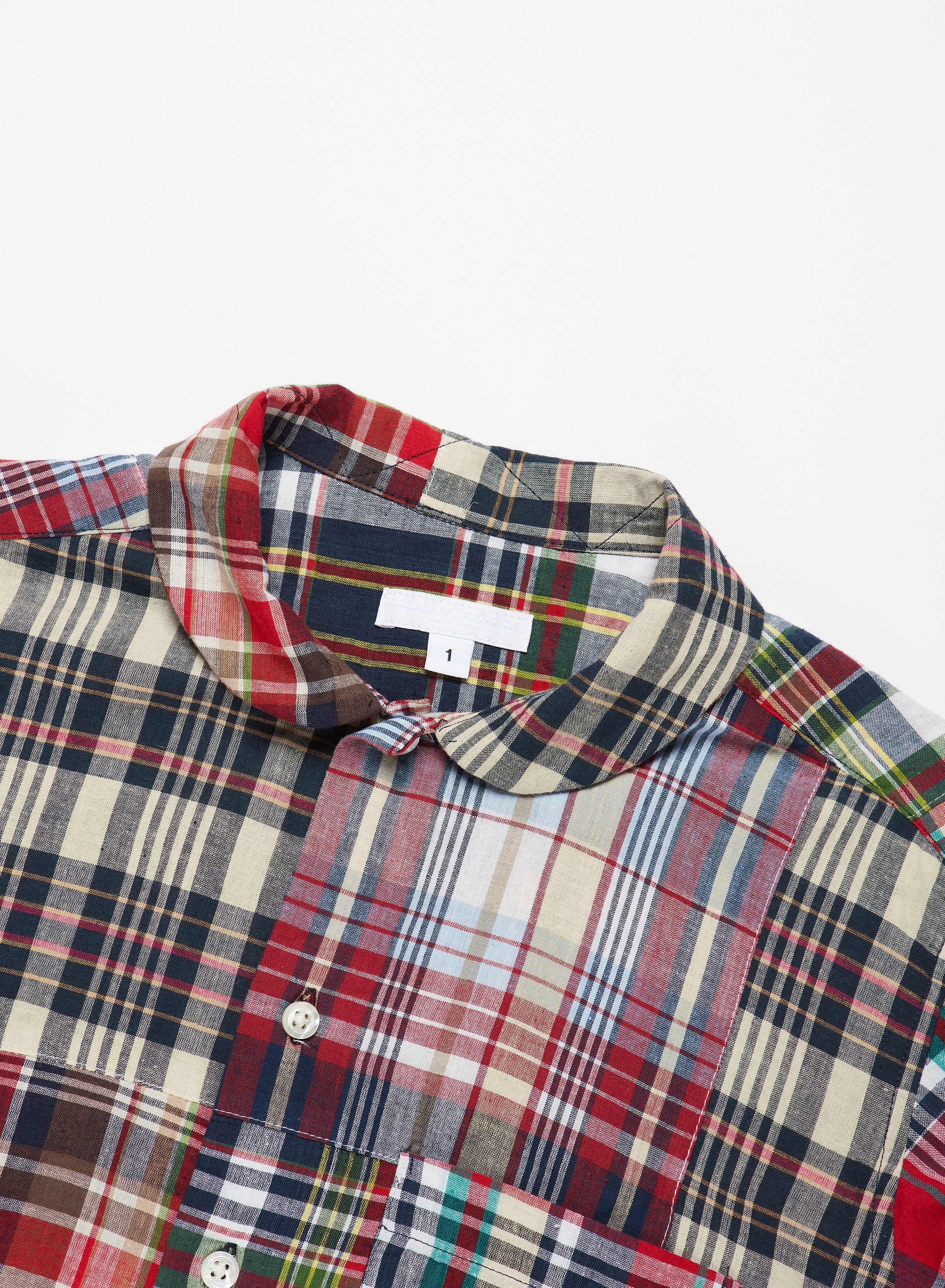 Rounded Collar Shirt - Navy Square Patchwork Madras