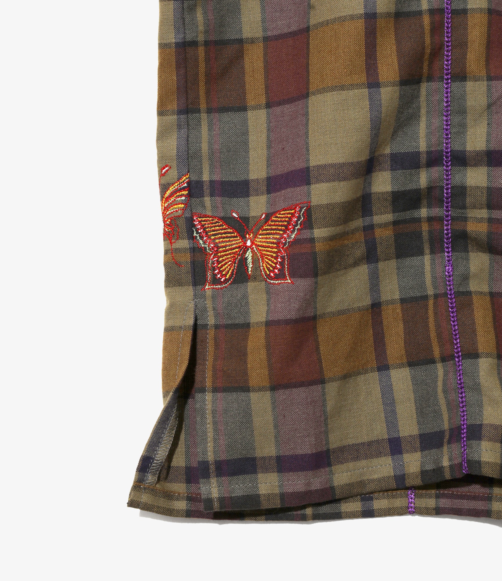 Women's S/S Henry Neck Shirt - Brown - Embroidered Madras Plaid