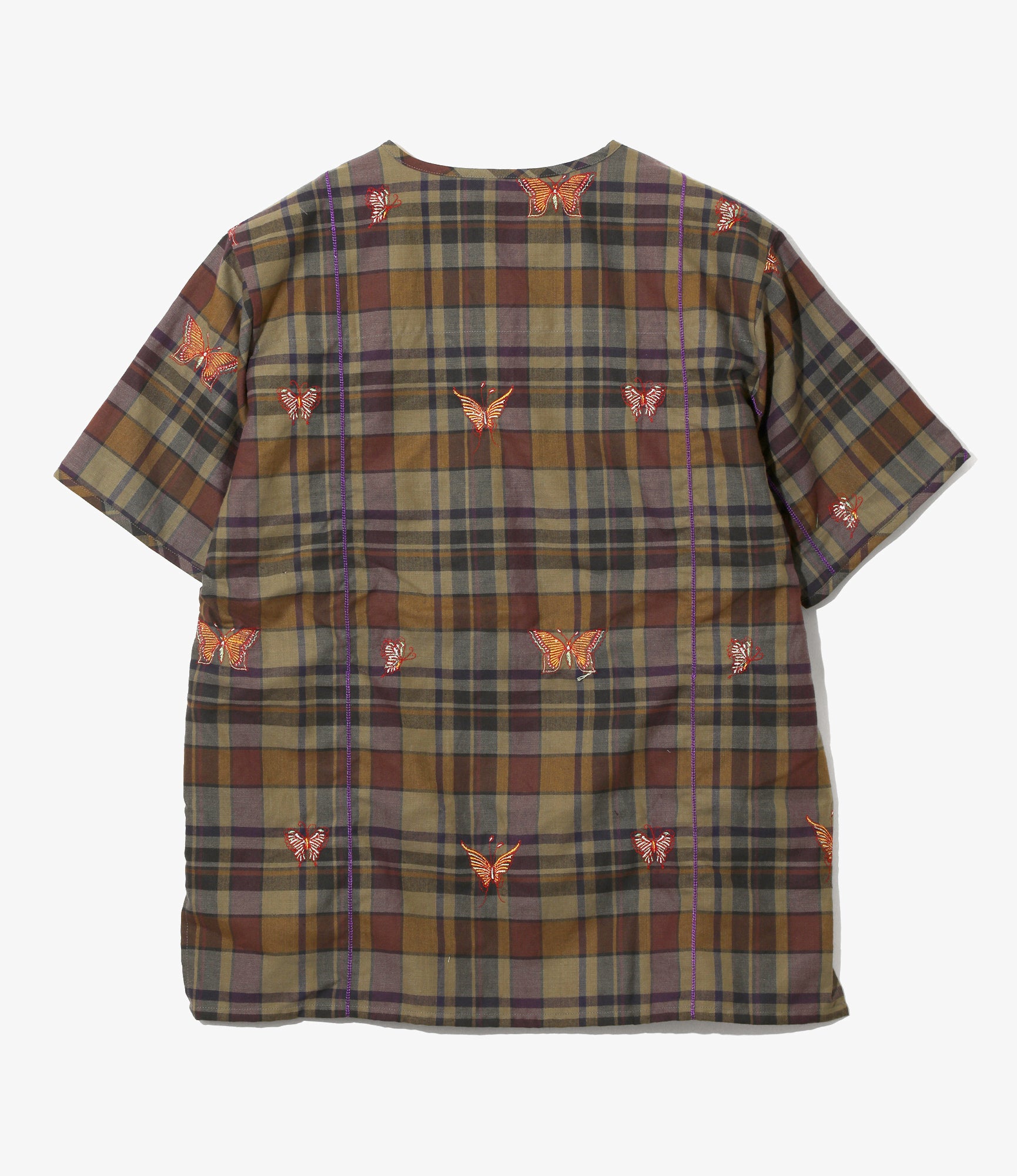Women's S/S Henry Neck Shirt - Brown - Embroidered Madras Plaid