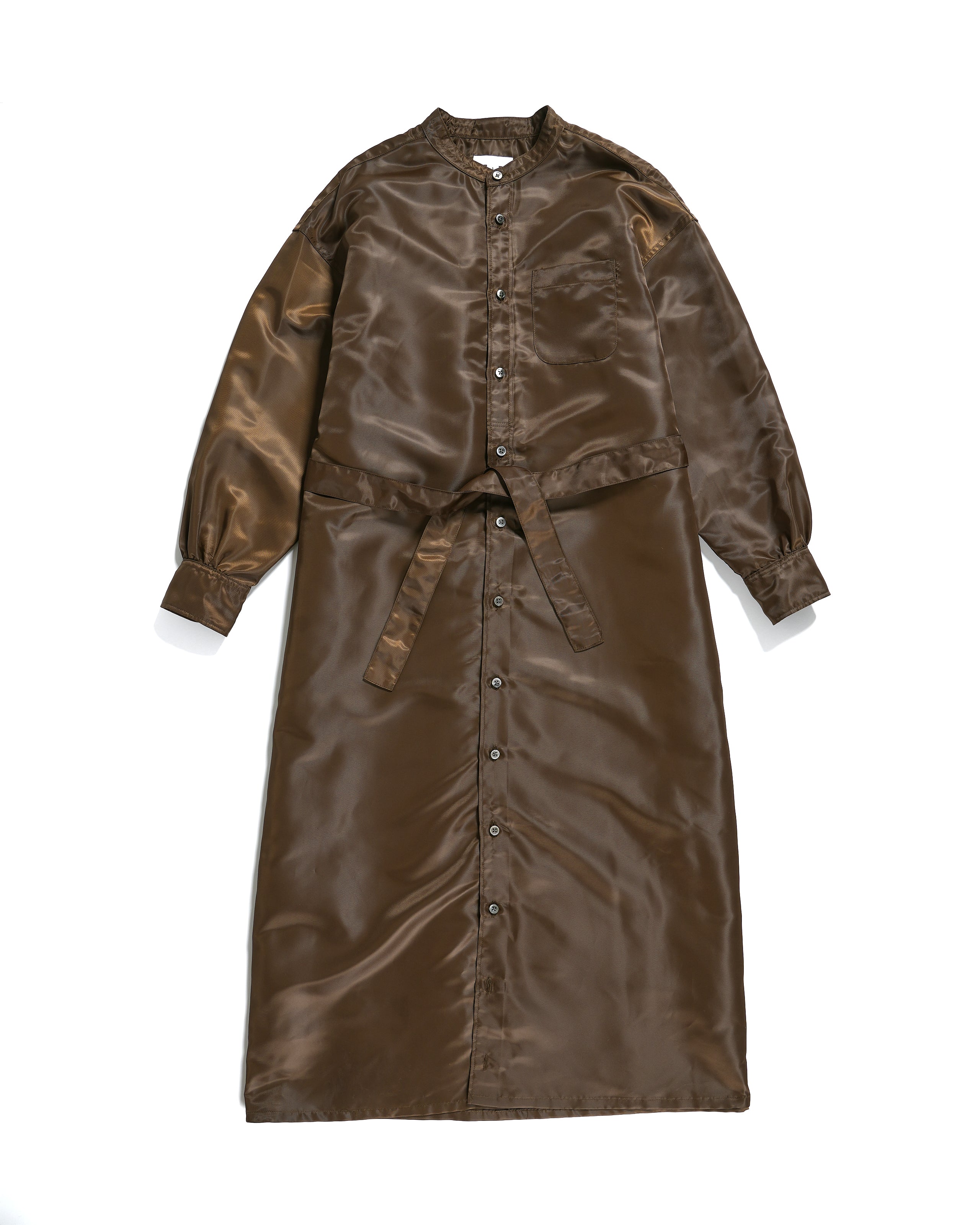 Banded Collar Dress - Brown Flight Satin Nylon