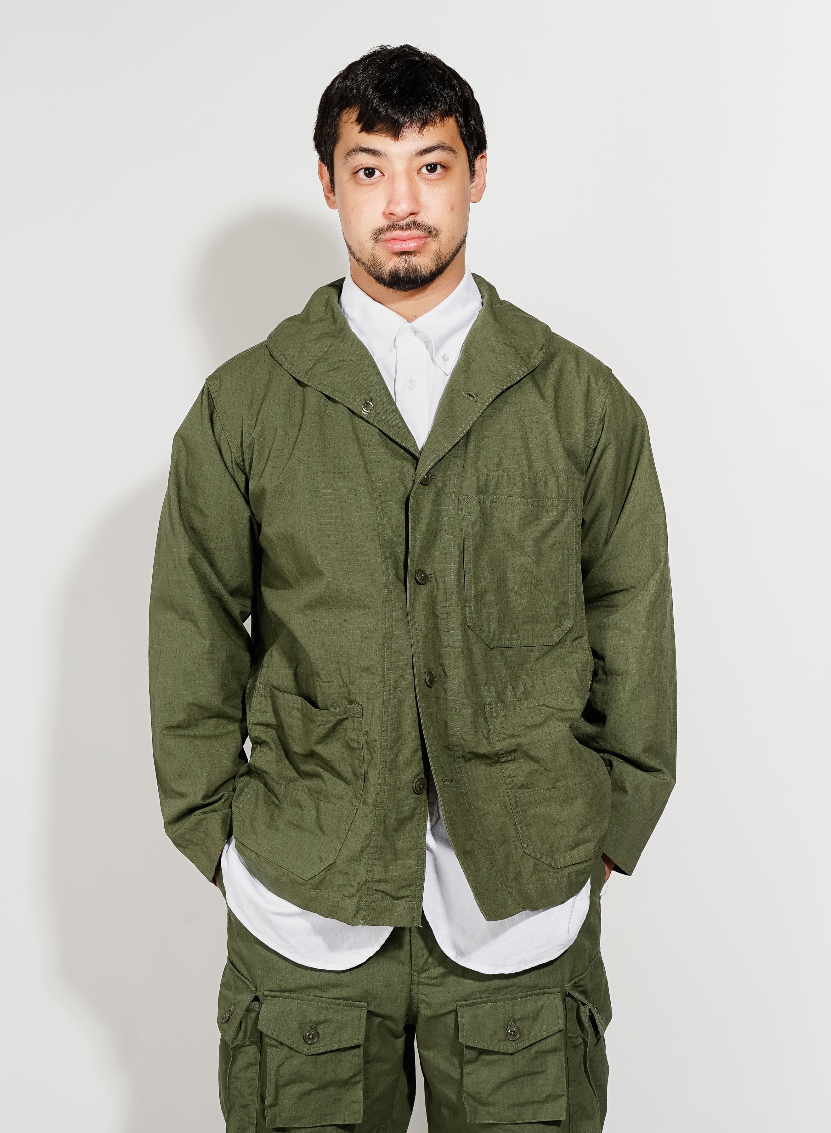 Shawl Collar Utility Jacket - Olive Cotton Ripstop | Nepenthes New