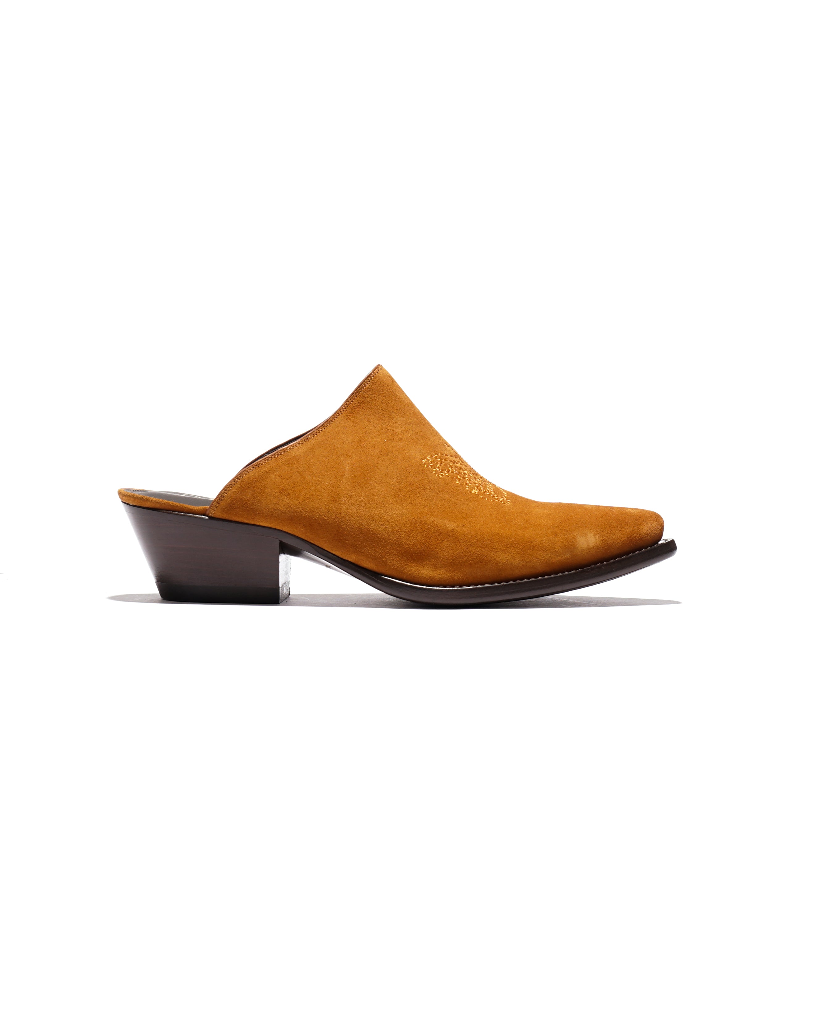 Heeled Papillon Stitched Mule - Brown Suede
