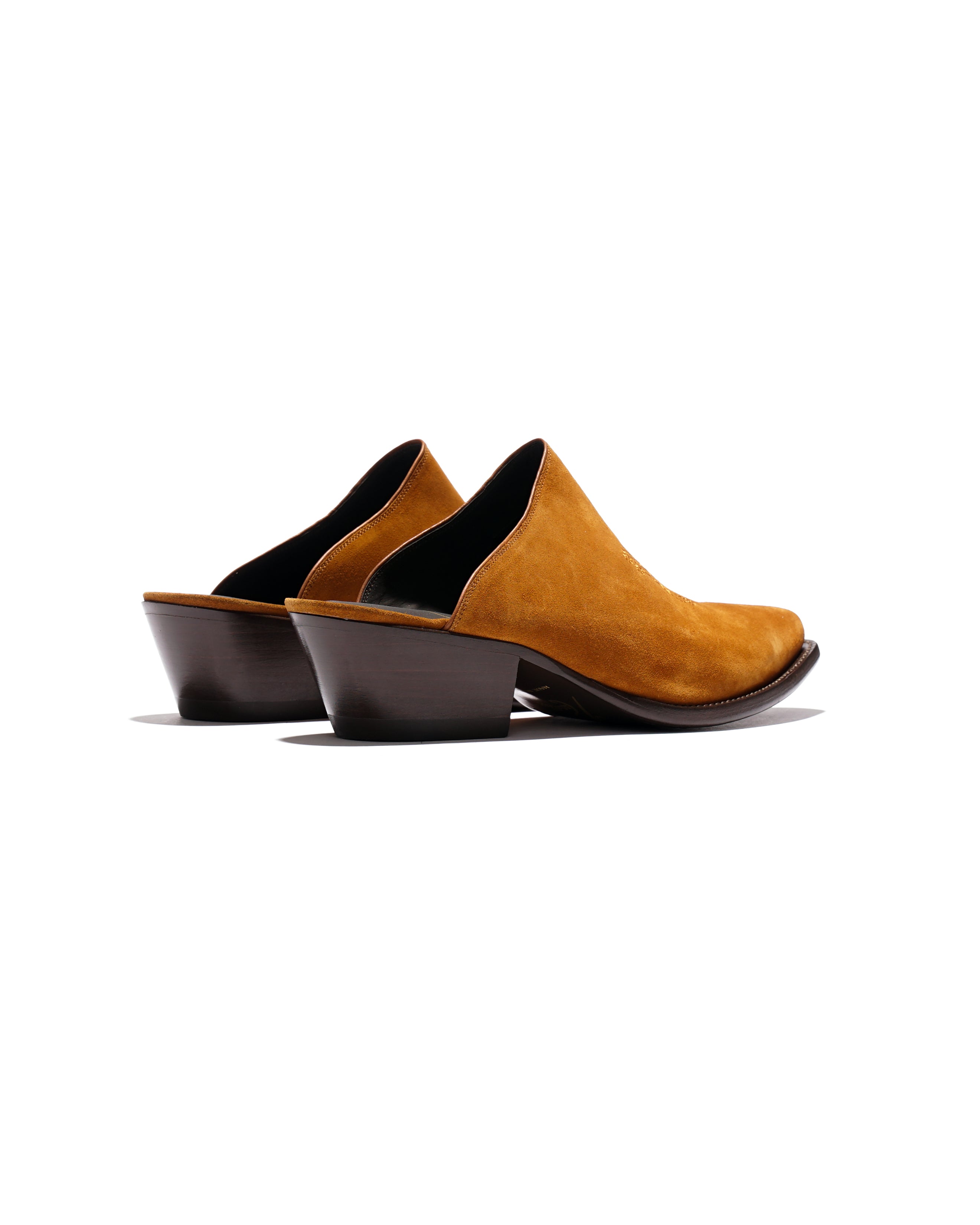 Heeled Papillon Stitched Mule - Brown Suede
