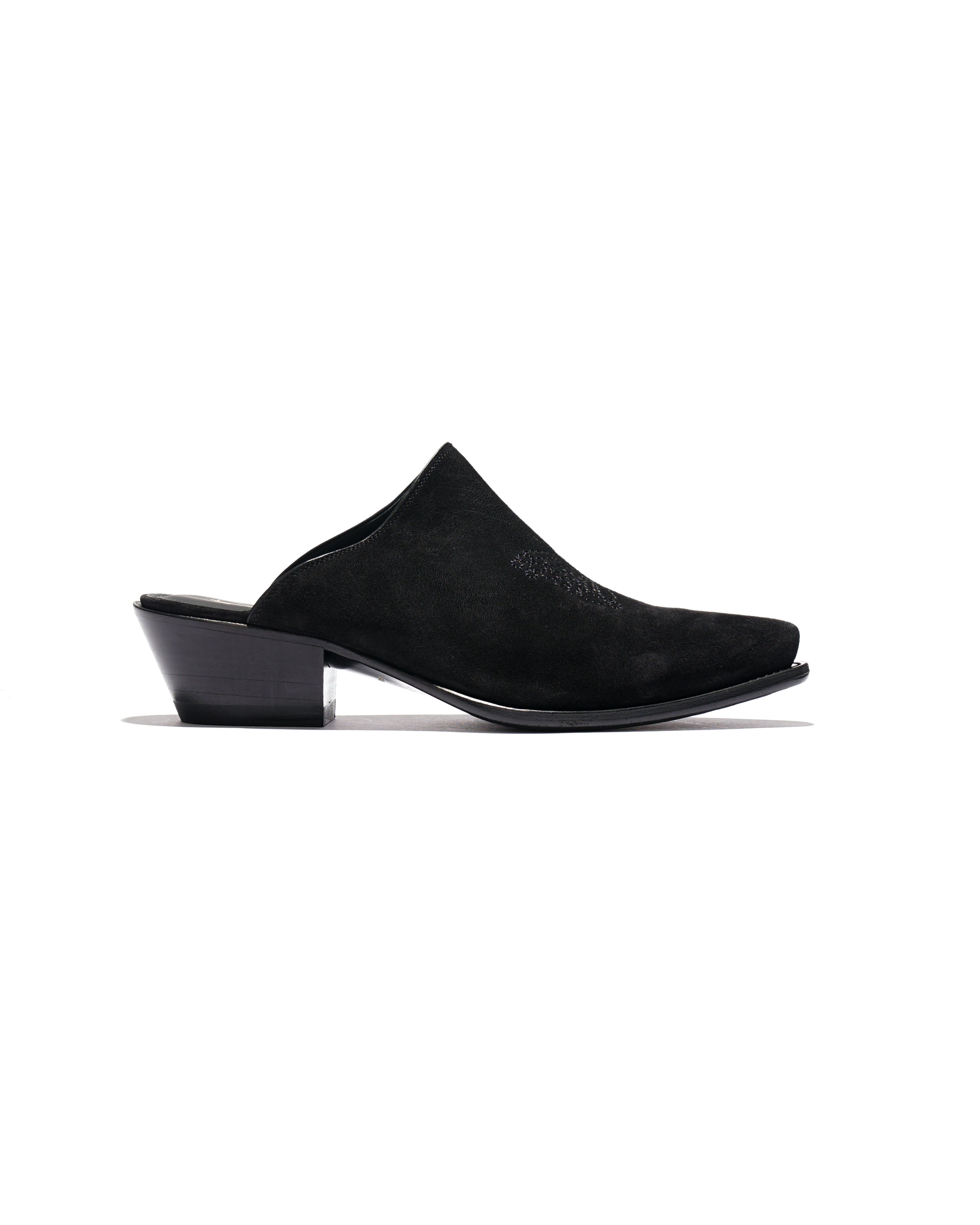 Heeled Papillon Stitched Mule - Black Suede