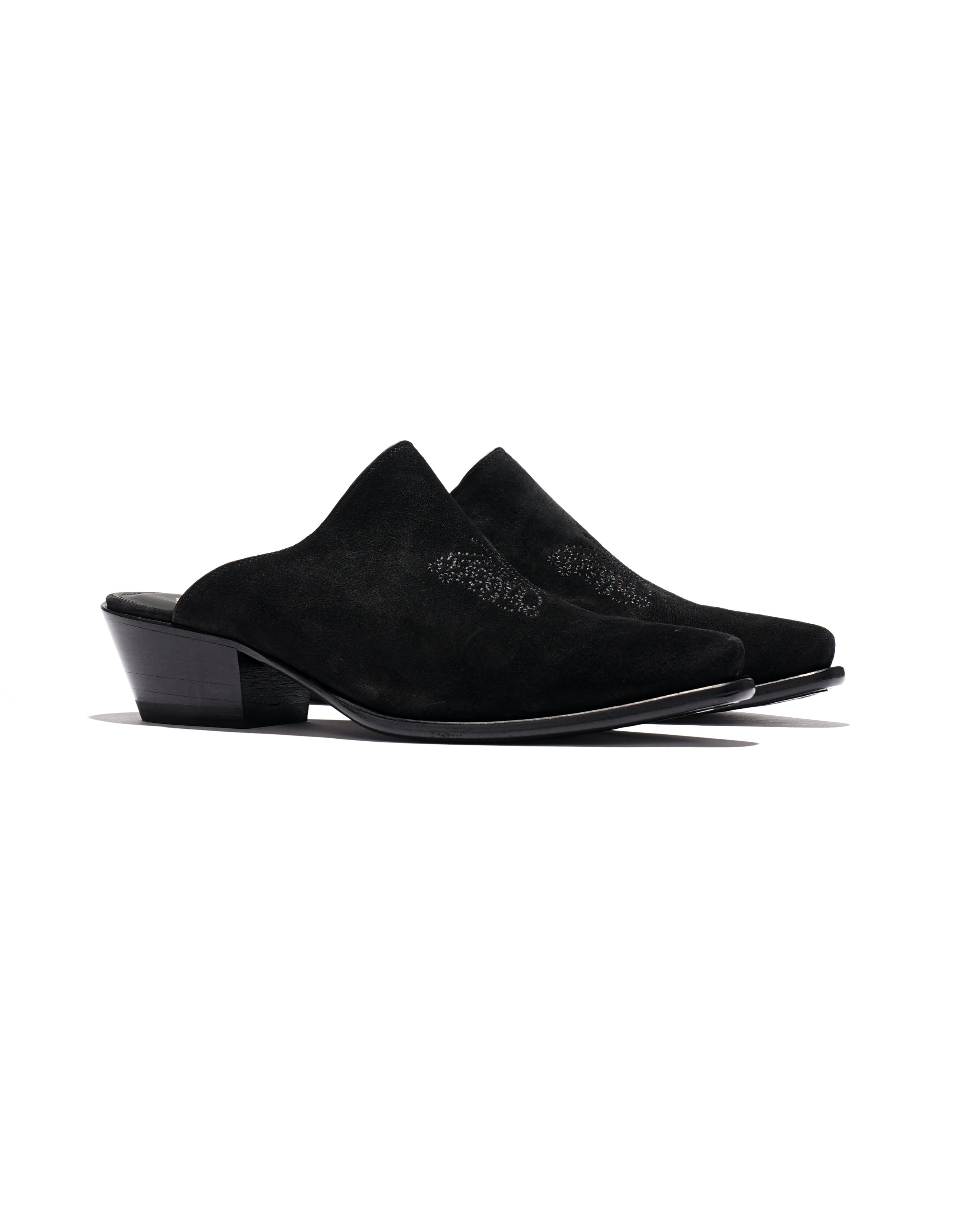 Heeled Papillon Stitched Mule - Black Suede